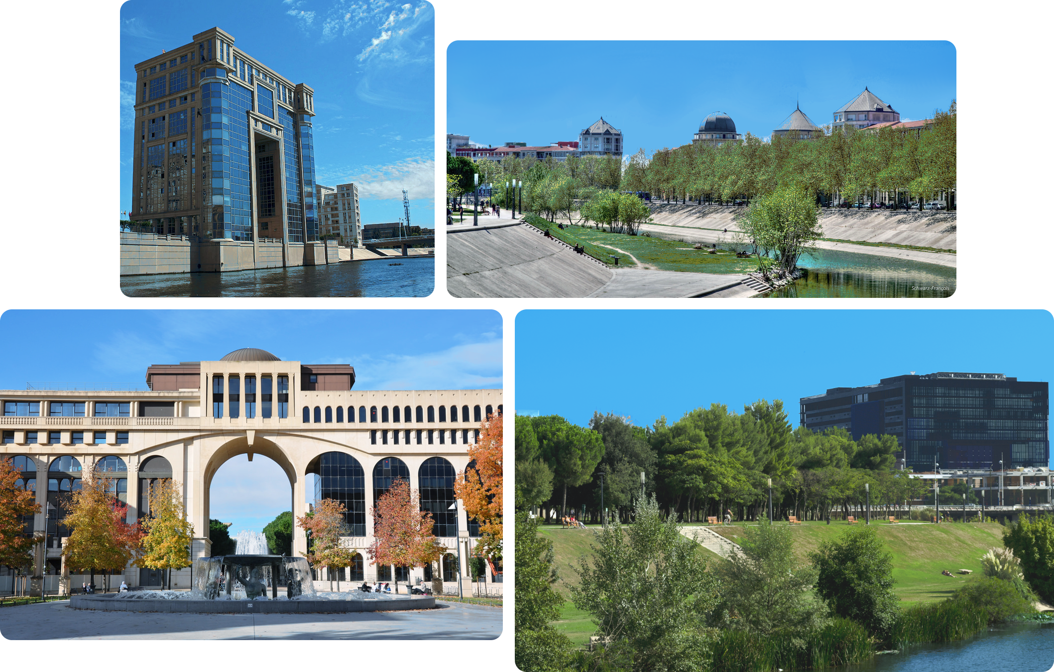Agencement de plusieurs photos de Montpellier : l'hôtel des région (grand bâtiment greco-romain vitré), les bords du Lez (un fleuve passant dans Montpellier), un bâtiment d'Antigone (quartier au style greco-romain) et l'hôtel de ville vu depuis le Lez.